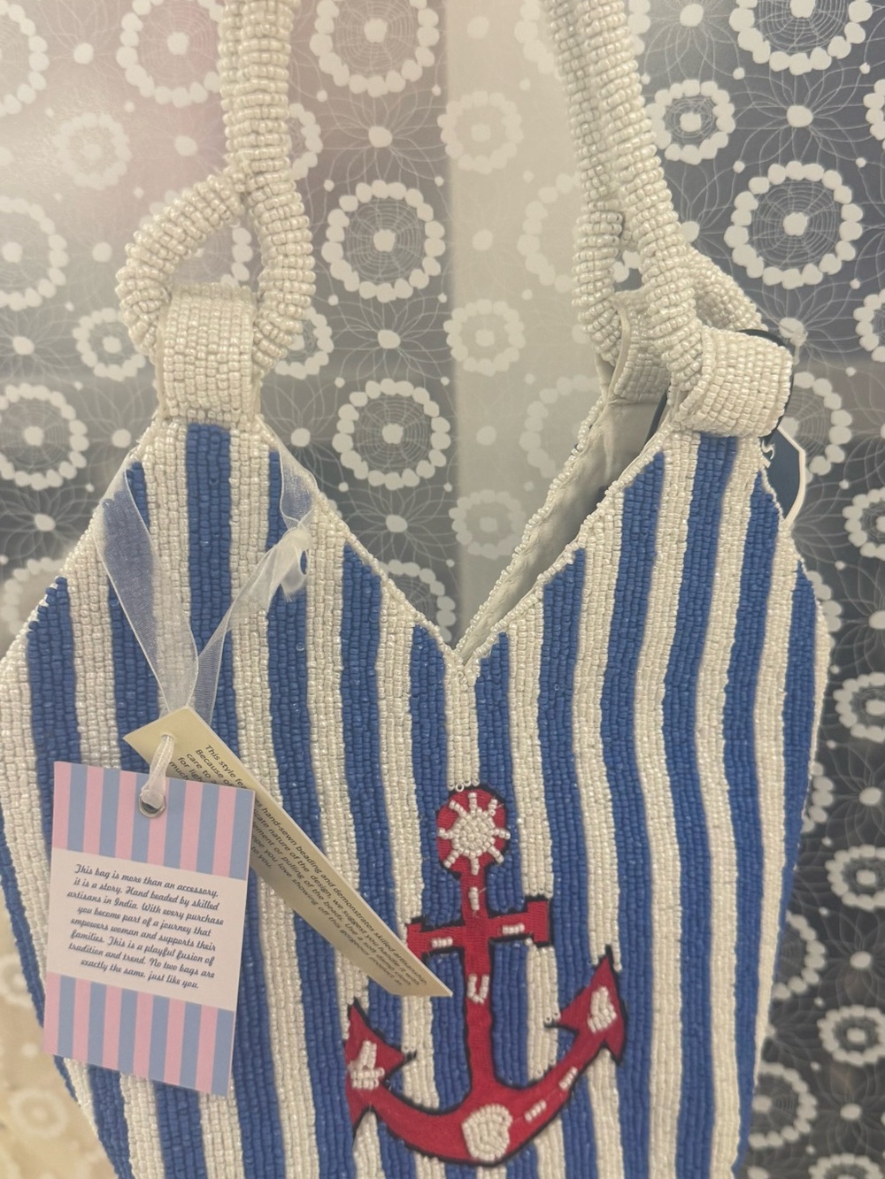 Kids Blue & White Striped Beaded Tote with Red Anchor